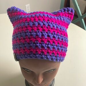 Julzyraye Cathat Crocheted beanie- Purple and Dark Pink Stripes- leather logo-OS